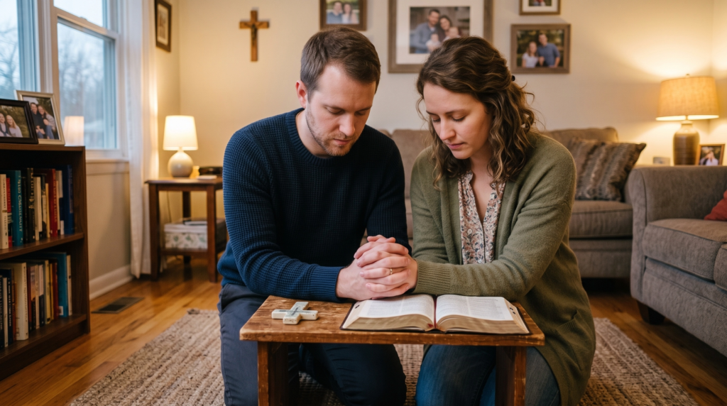 Christian married couple praying together over an open Bible at home